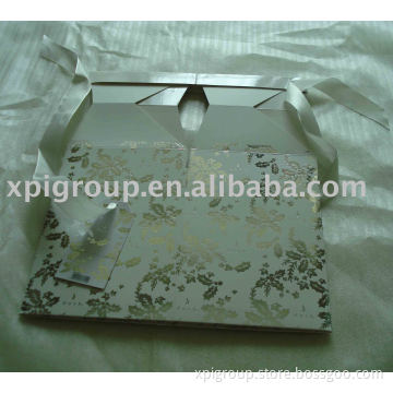 collapsible card paper gift box with silver foil hot stamping and ribbons